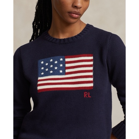 Ralph Lauren Flag Cotton Crewneck Sweater Women’s Navy - Picture 2 of 7